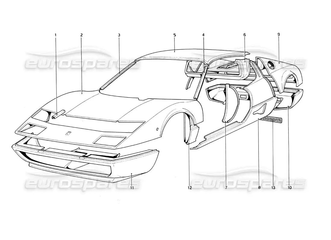 ferrari 512 bb body shell - outer elements parts diagram