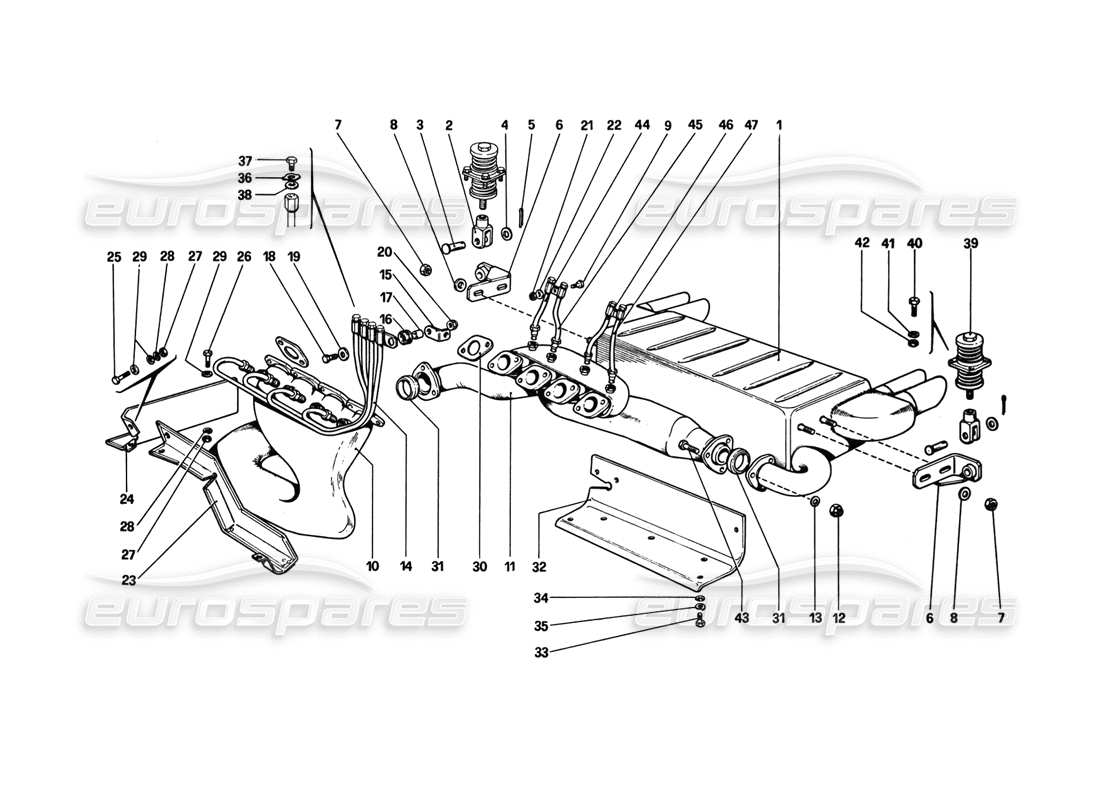 ferrari 308 gtb (1980) exhaust system (variants for aus version) part diagram