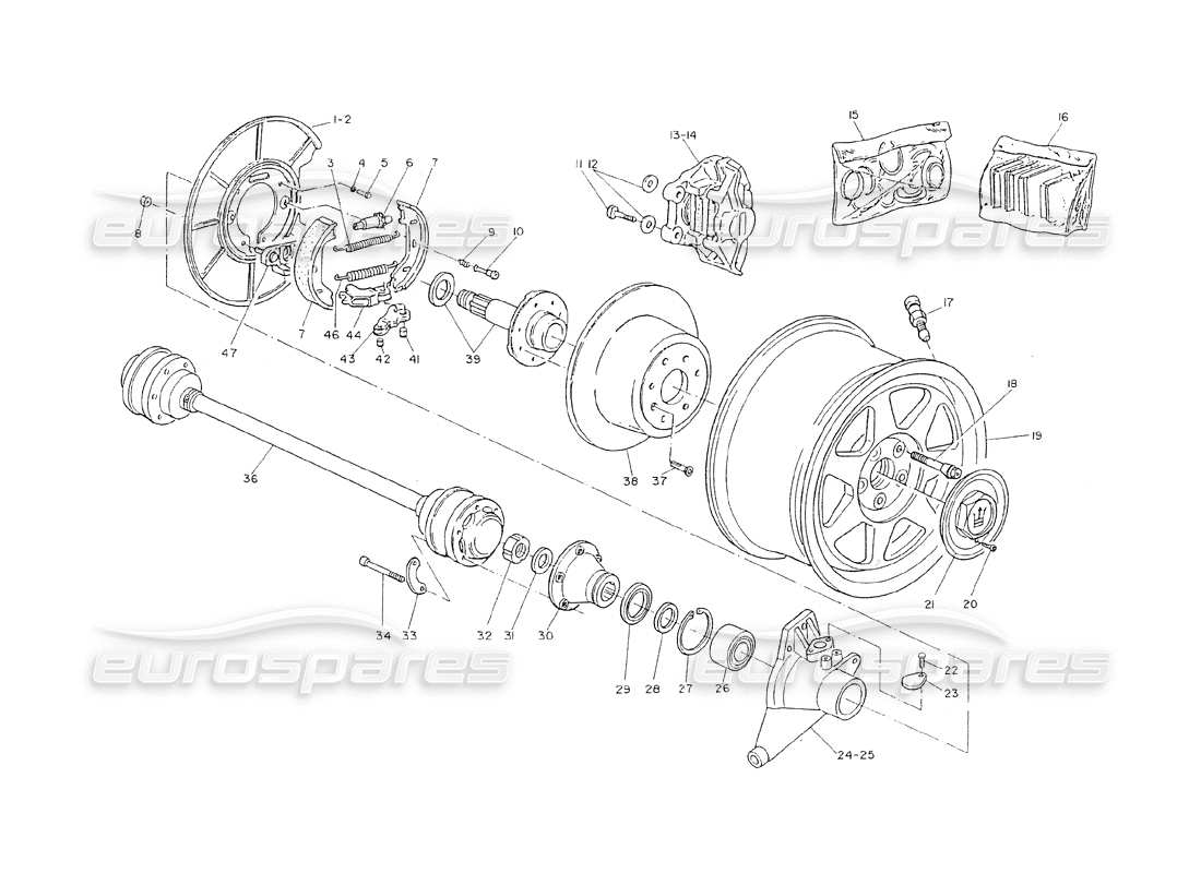 maserati shamal hubs, rear brakes and axle shafts part diagram