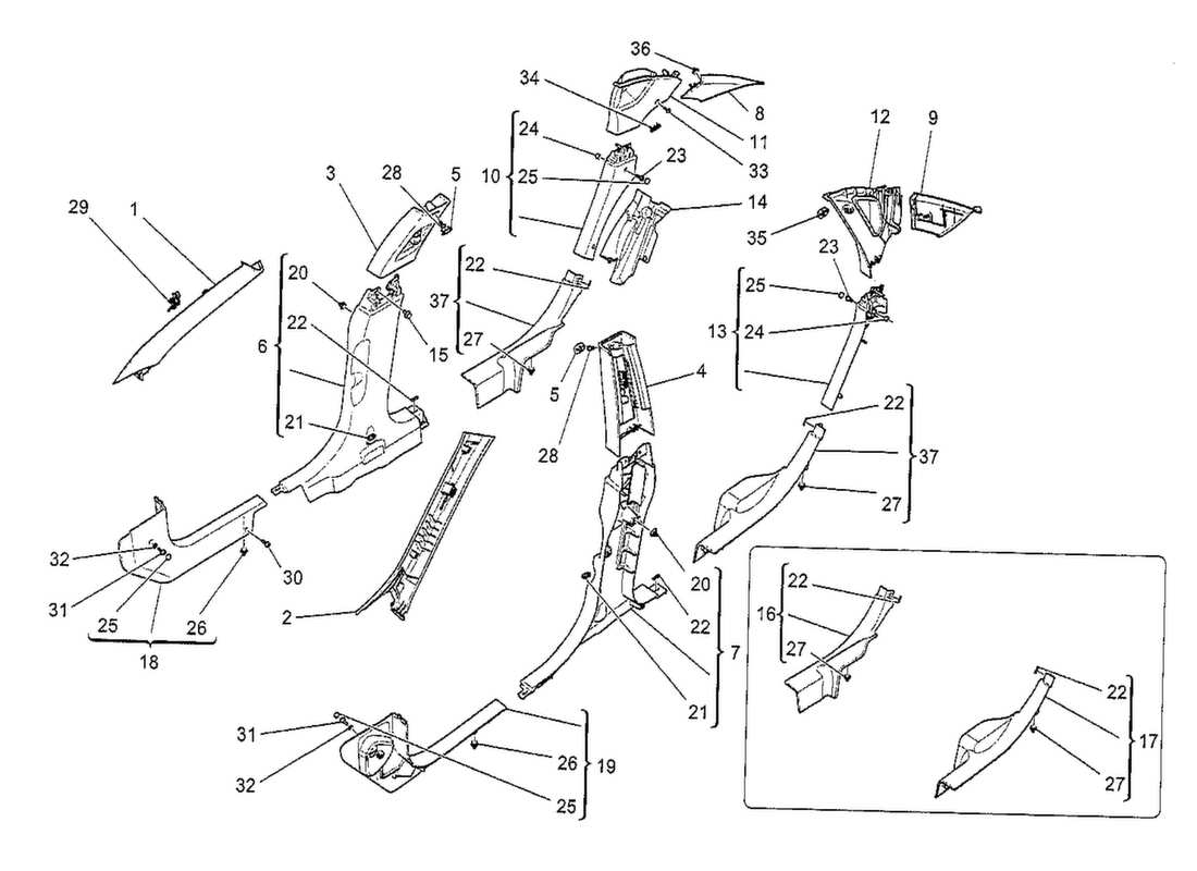 maserati qtp. v8 3.8 530bhp 2014 passenger compartment b pillar trim panels and side panels parts diagram