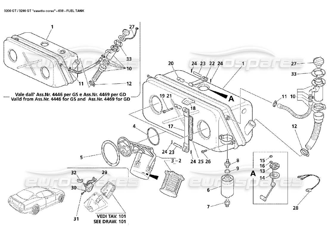 maserati 3200 gt/gta/assetto corsa fuel tank parts diagram