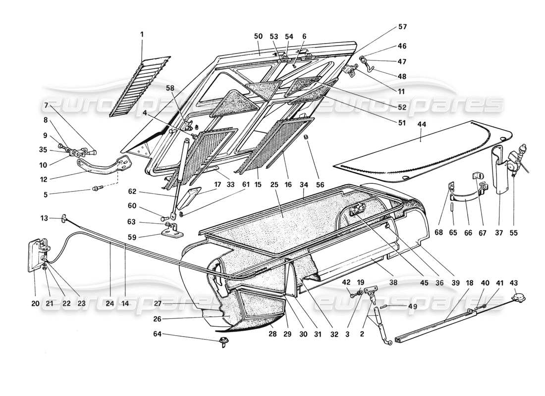 ferrari 308 gtb (1980) rear bonnet and luggage compartment covering (variants for rhd - aus versions) parts diagram