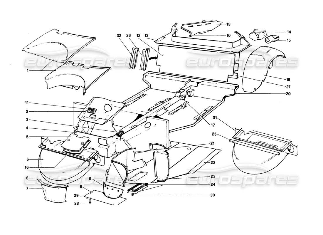 ferrari 308 gtb (1980) body shell - inner elements (variants for rhd - aus versions) parts diagram