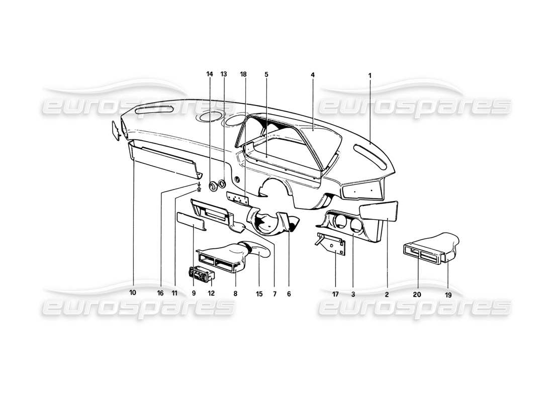 ferrari 308 gtb (1980) instrument panel (variants for rhd - aus versions) parts diagram