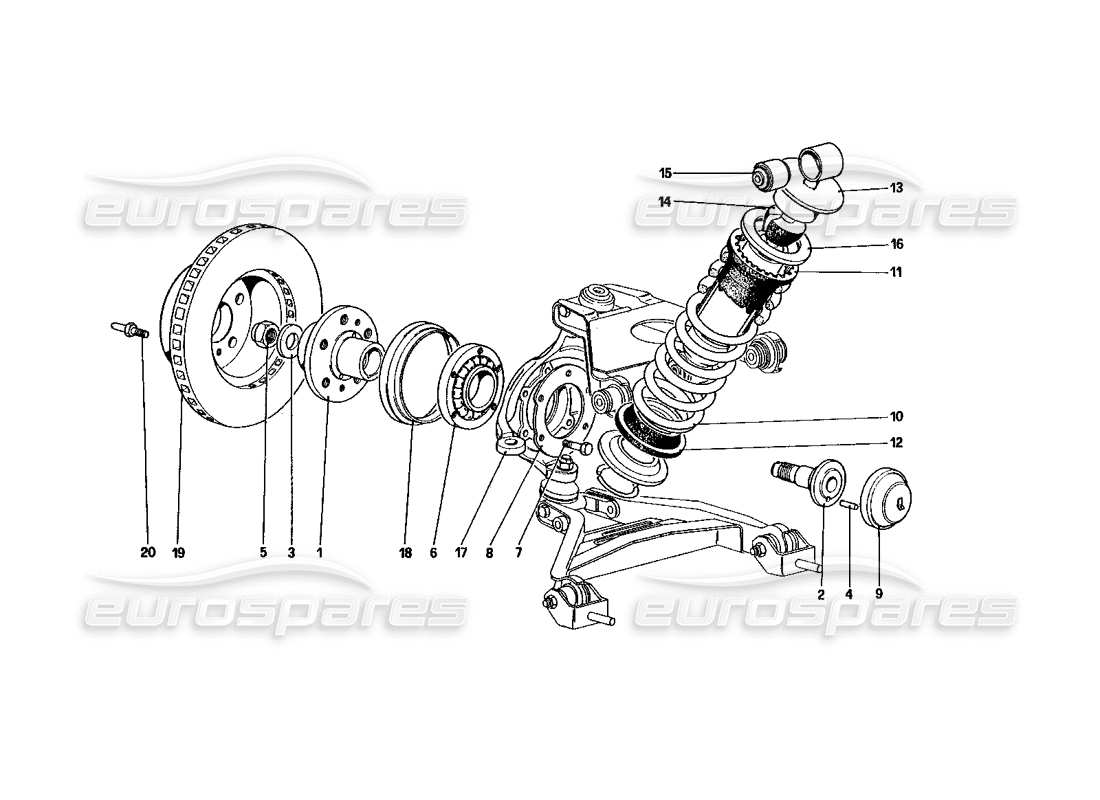 ferrari 328 (1985) front suspension - shock absorber and brake disc part diagram