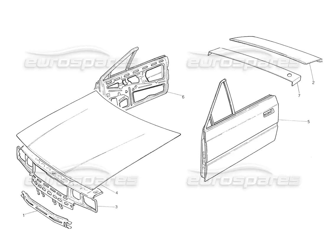 maserati biturbo spider body shell: front panel, bonnet, roof panel, doors and hood parts diagram