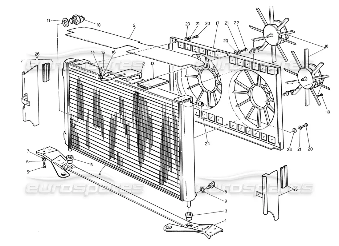 maserati 222 / 222e biturbo radiator and cooling fans parts diagram