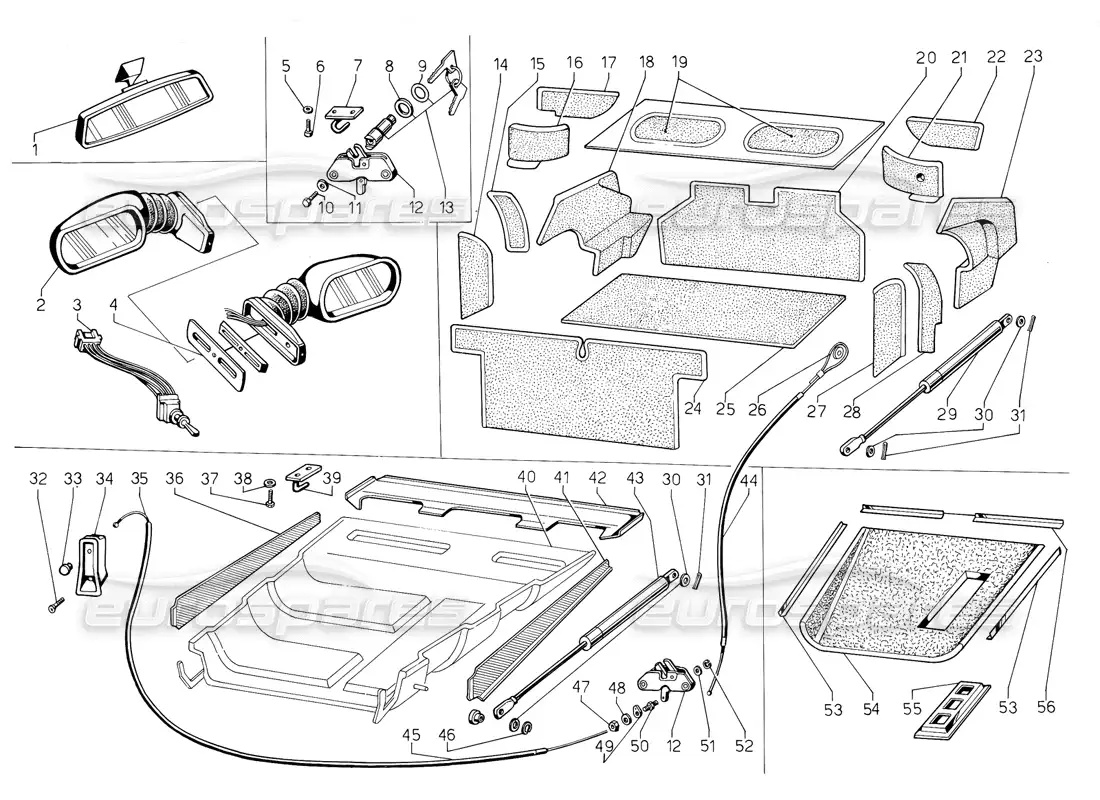 lamborghini jalpa 3.5 (1984) engine and luggage comp hoods parts diagram