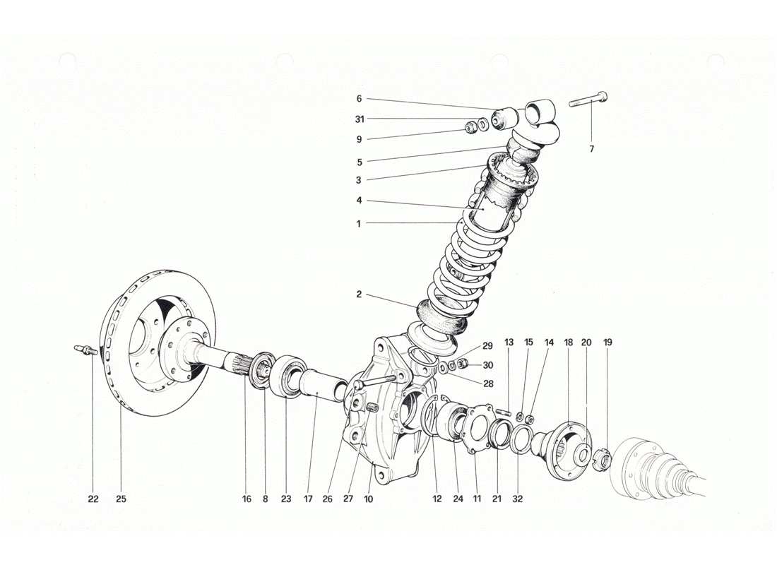 ferrari 208 gtb gts rear suspension - shock absorber and brake disc part diagram