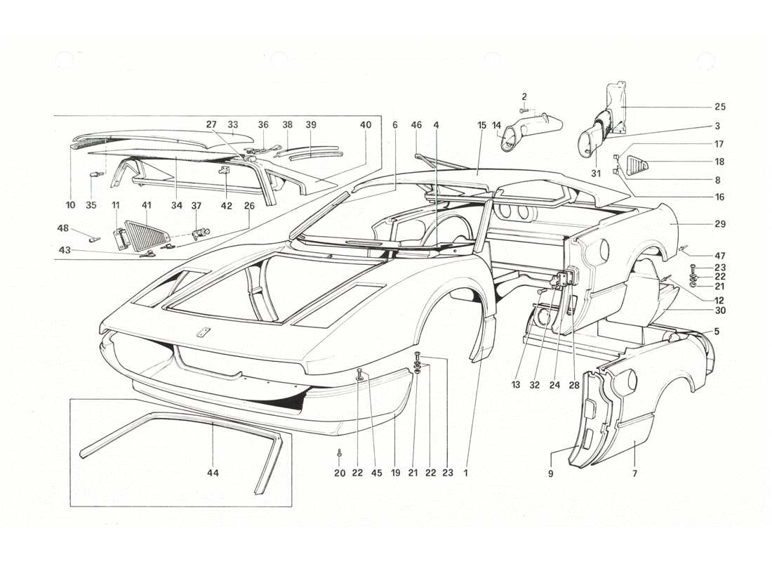 ferrari 208 gtb gts body shell - outer elements parts diagram