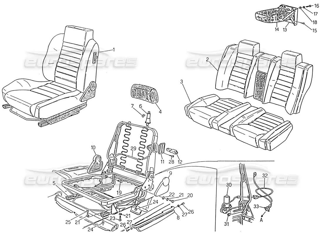 maserati 222 / 222e biturbo front and rear seats part diagram