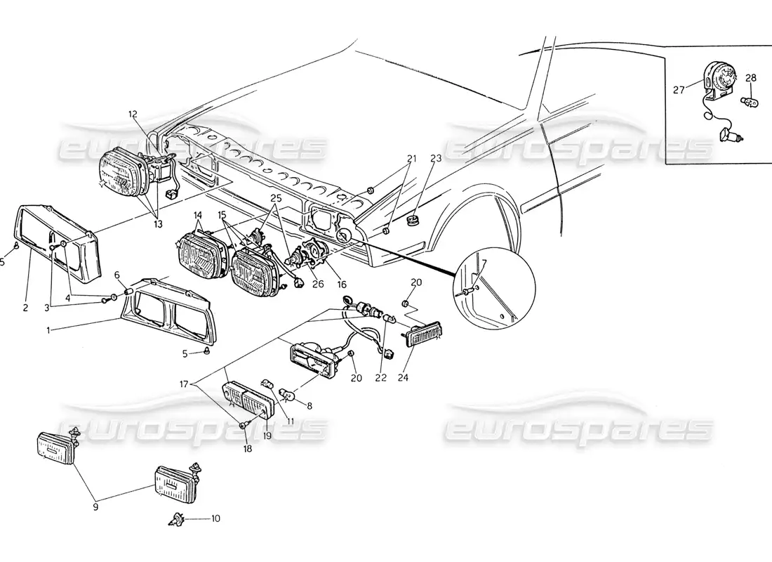 maserati 222 / 222e biturbo front lights parts diagram