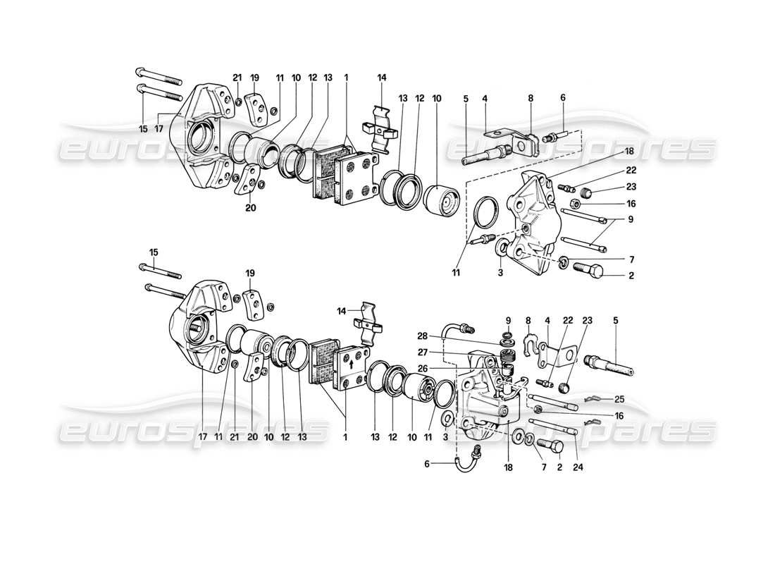 ferrari 308 (1981) gtbi/gtsi calipers for front and rear brakes parts diagram