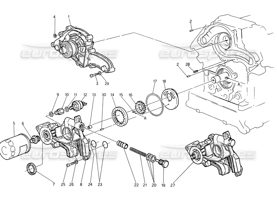 maserati 222 / 222e biturbo water pump - oil pump parts diagram