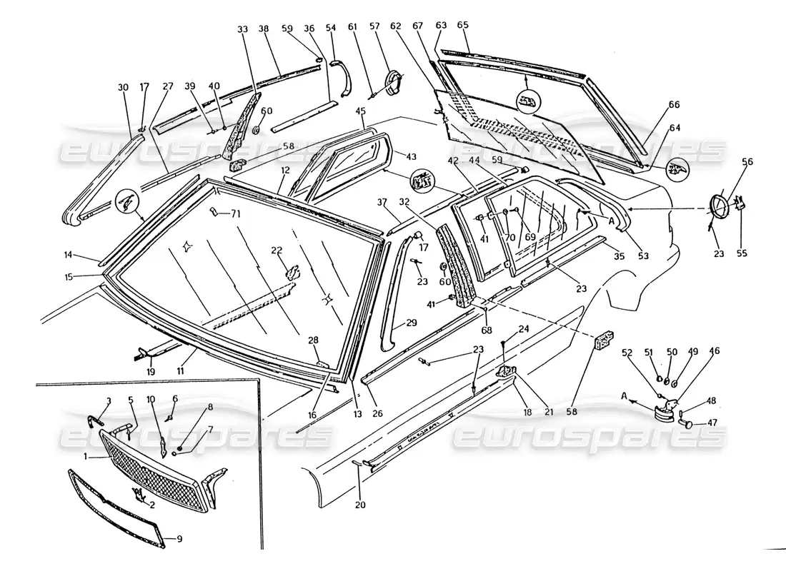 maserati 222 / 222e biturbo radiator grille-finishers-fixed glasses parts diagram