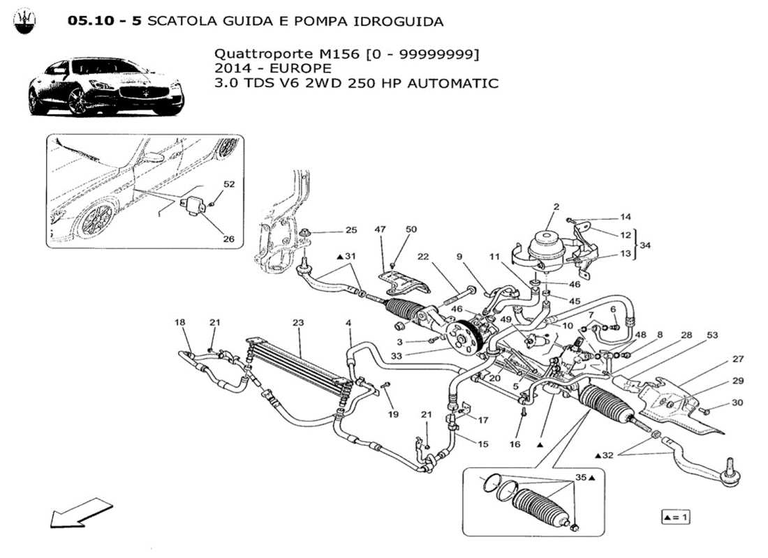 maserati qtp. v6 3.0 tds 250bhp 2014 steering rack and hydraulic steering pump parts diagram