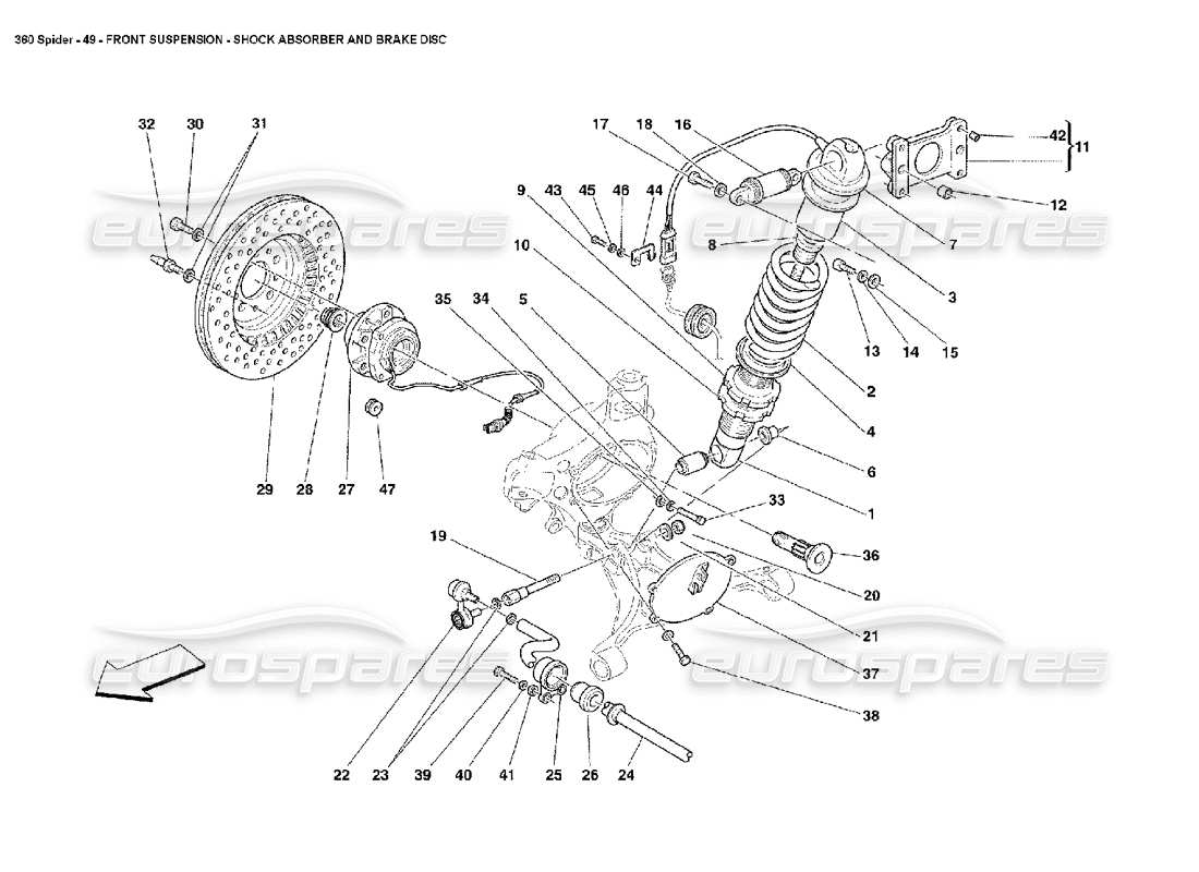 ferrari 360 spider front suspension - shock absorber and brake disc parts diagram