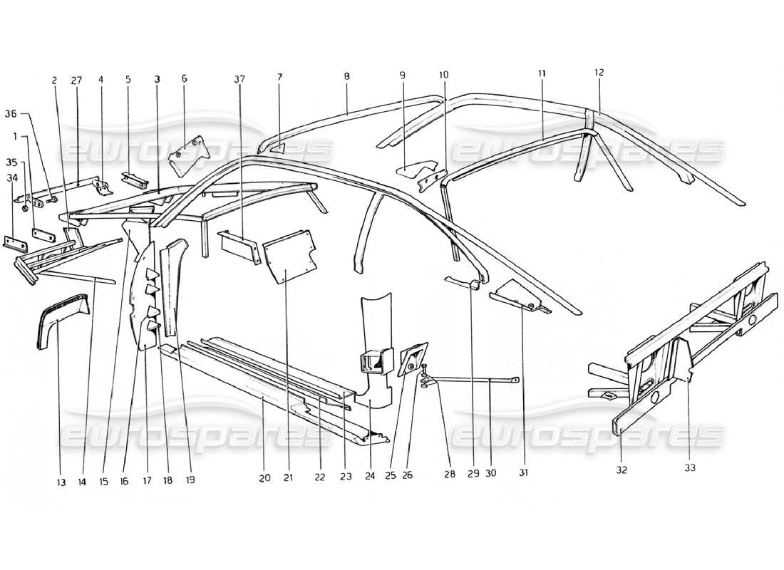 ferrari 308 gtb (1976) body shell - inner elements (valid for rhd - aus versions) parts diagram