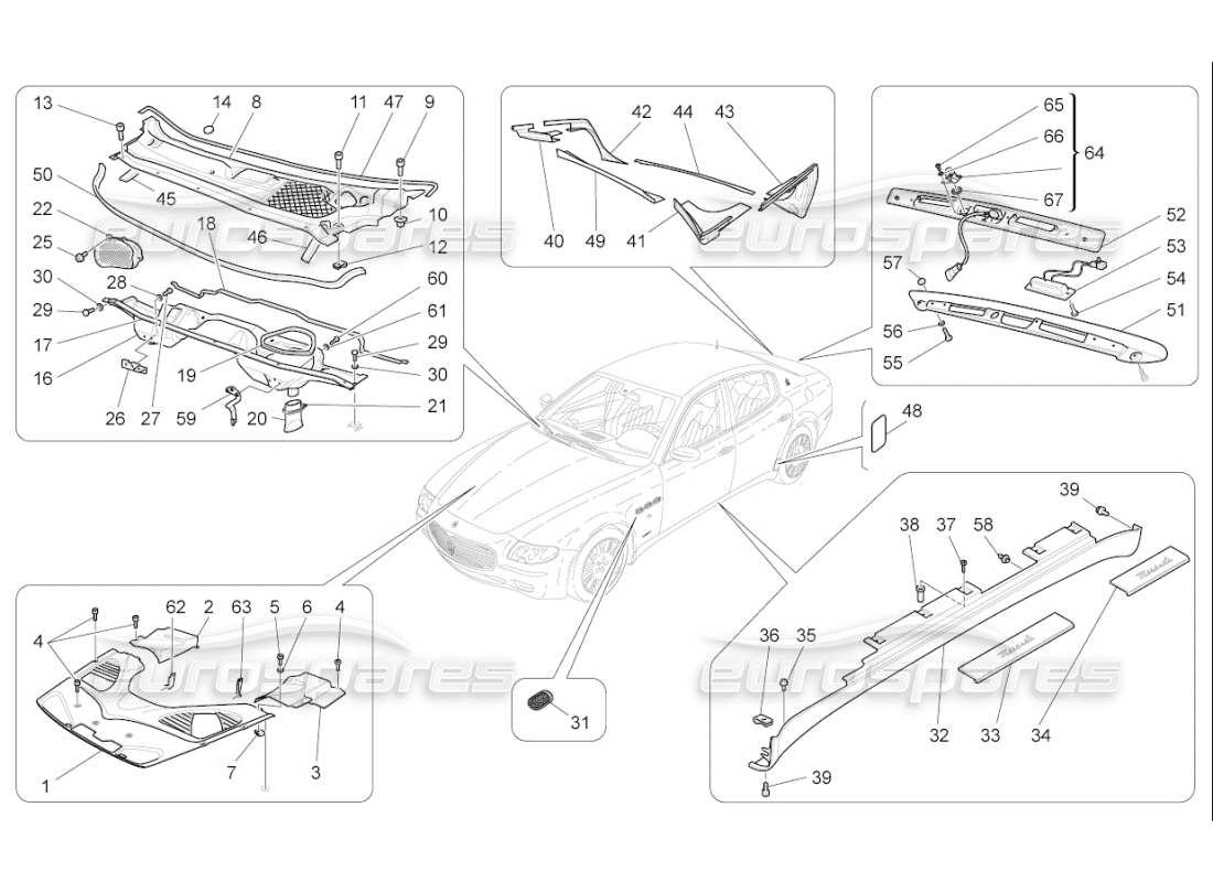 maserati qtp. (2008) 4.2 auto shields, trims and covering panels parts diagram