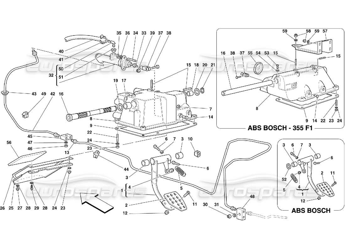 ferrari 355 (5.2 motronic) clutch release control and pedal support parts diagram