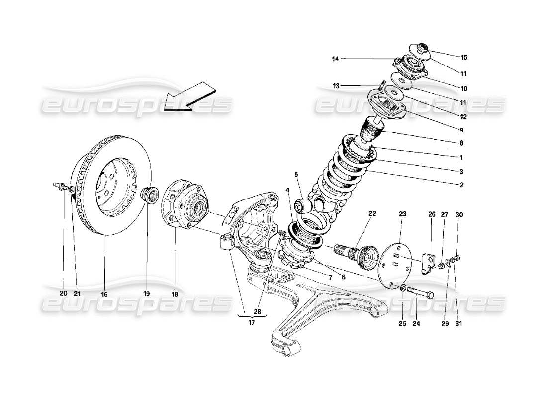 ferrari 348 (2.7 motronic) front suspension - shock absorber and brake disc parts diagram