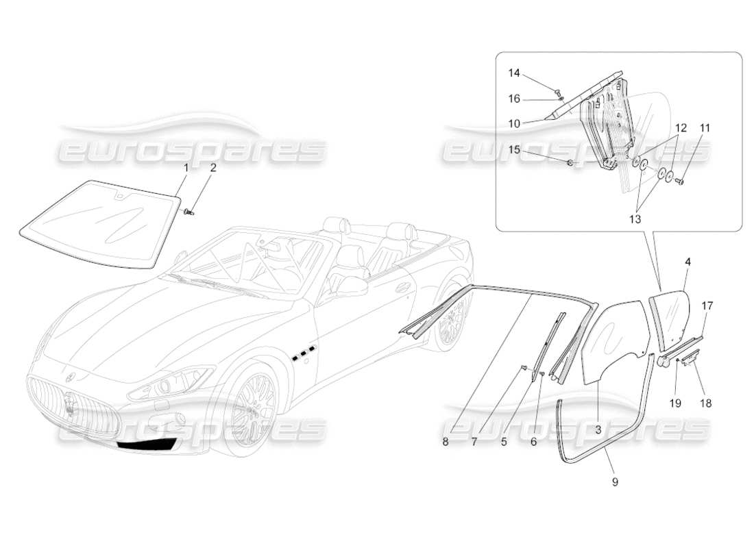 maserati grancabrio (2011) 4.7 windows and window strips part diagram