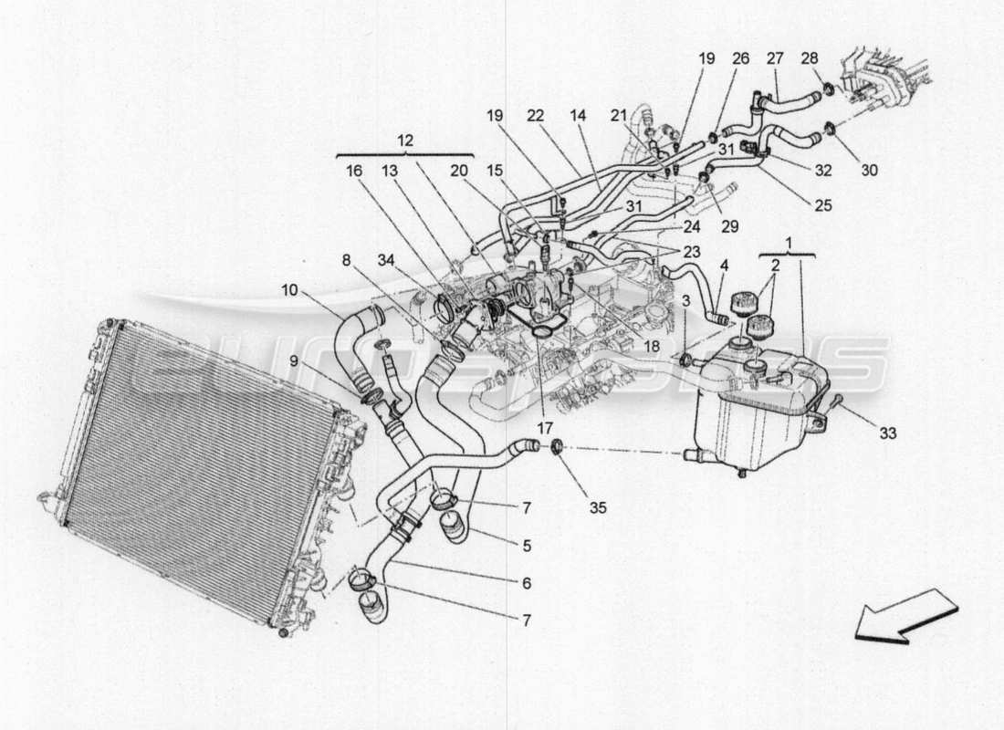 maserati qtp. v8 3.8 530bhp 2014 auto cooling: nourice and lines part diagram