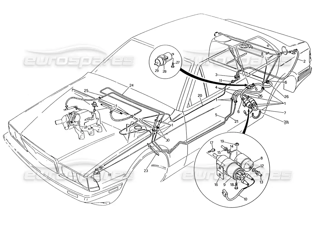 maserati 222 / 222e biturbo fuel pipes parts diagram