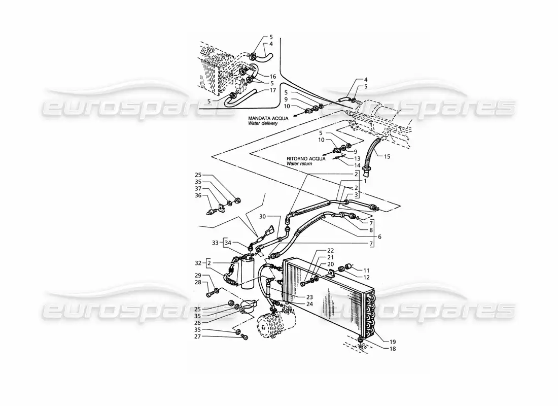 maserati qtp. 3.2 v8 (1999) air conditioning system (lh drive) with freon r12 parts diagram