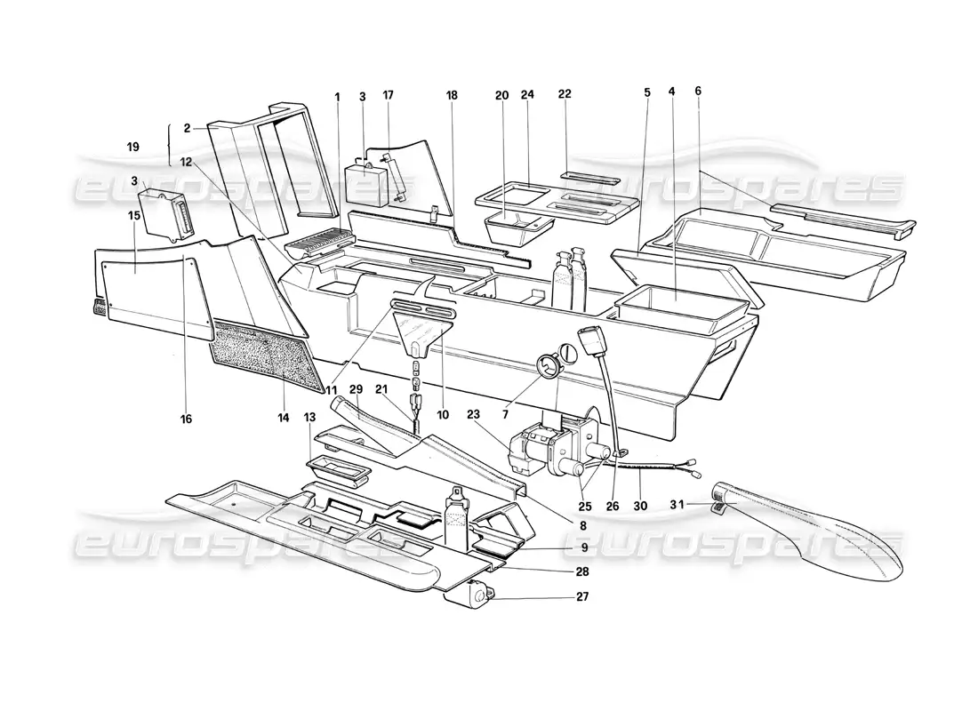 ferrari testarossa (1990) central tunnel (for us version) parts diagram
