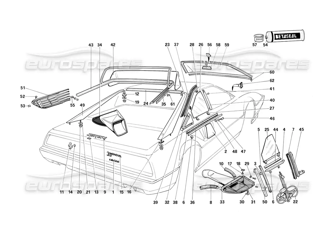 ferrari mondial 3.2 qv (1987) glasses parts diagram