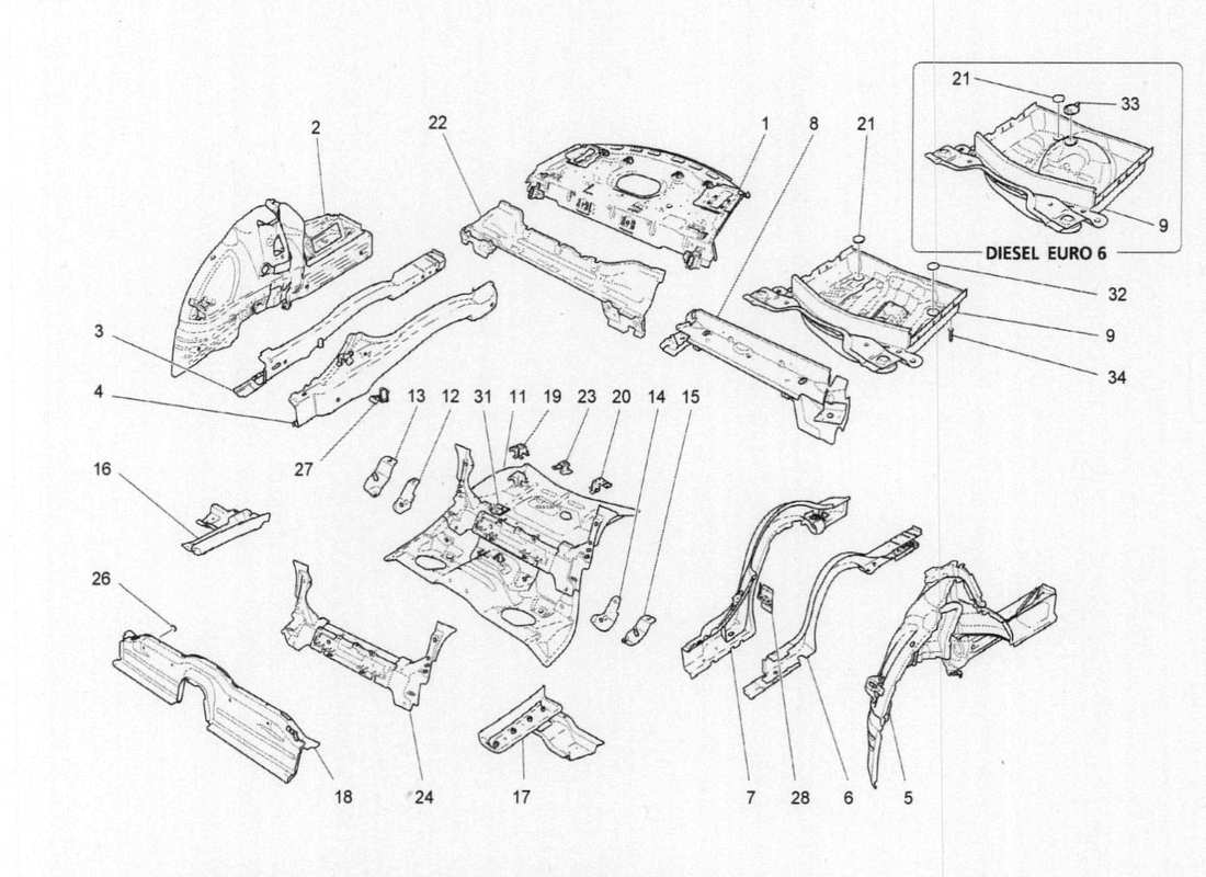 maserati qtp. v6 3.0 bt 410bhp 2015 rear structural frames and sheet panels parts diagram