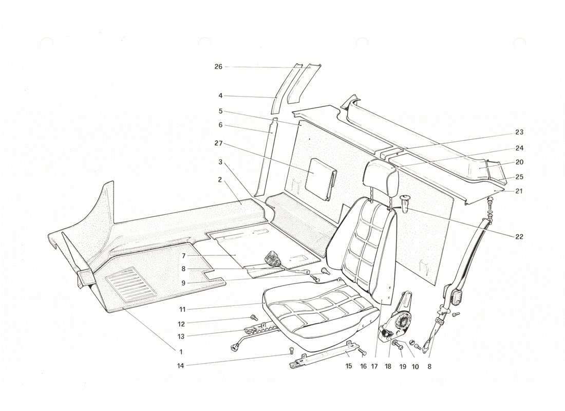 ferrari 208 gtb gts interior trim, accessories and seats part diagram