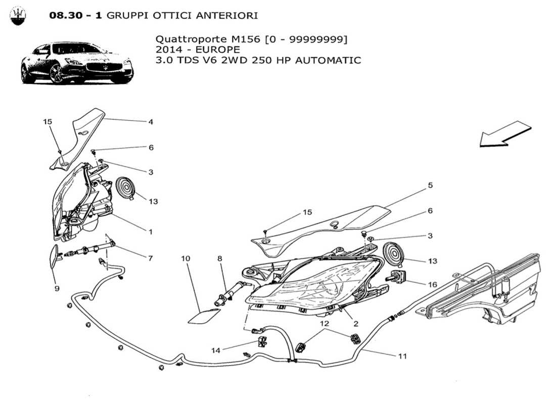 maserati qtp. v6 3.0 tds 250bhp 2014 headlight clusters parts diagram