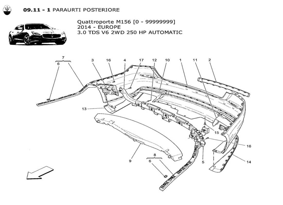 maserati qtp. v6 3.0 tds 250bhp 2014 rear bumper part diagram