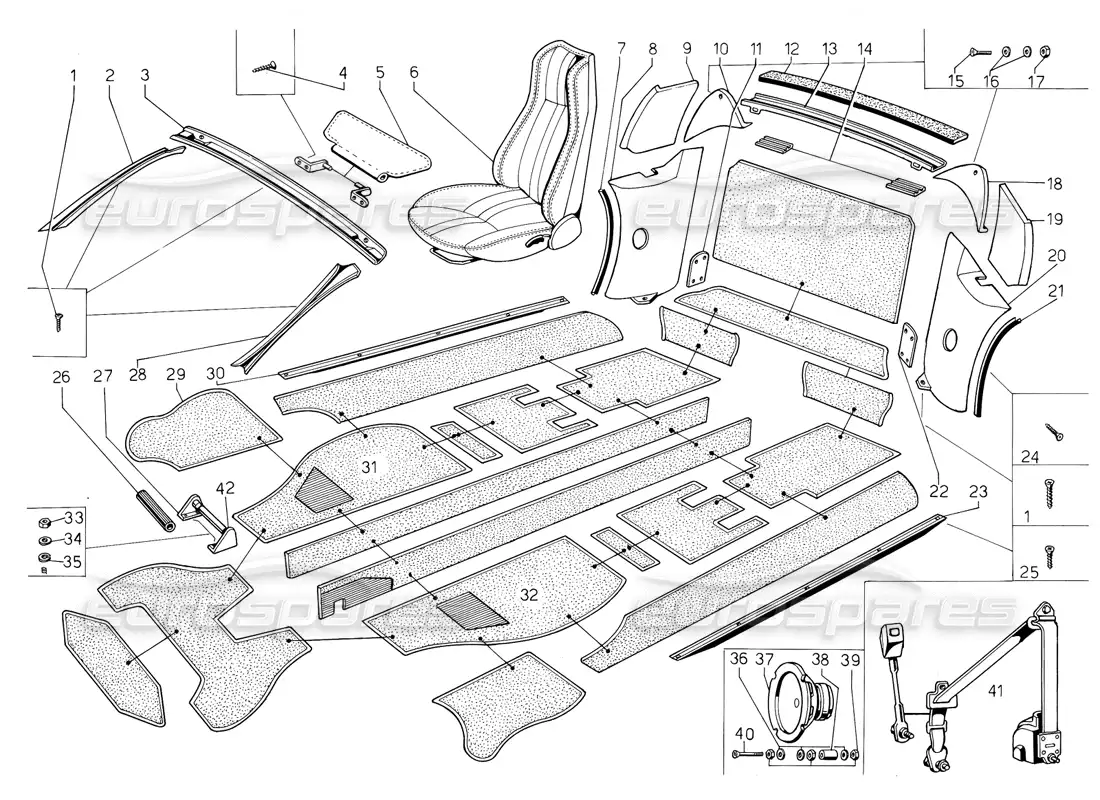 lamborghini jalpa 3.5 (1984) seats, accesssories and trims parts diagram