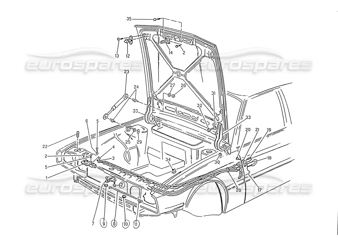 maserati 222 / 222e biturbo bonnet: hinges and bonnet release parts diagram