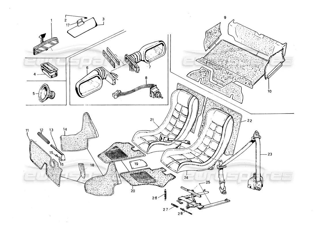 lamborghini countach 5000 qvi (1989) seats, accessories and trims parts diagram