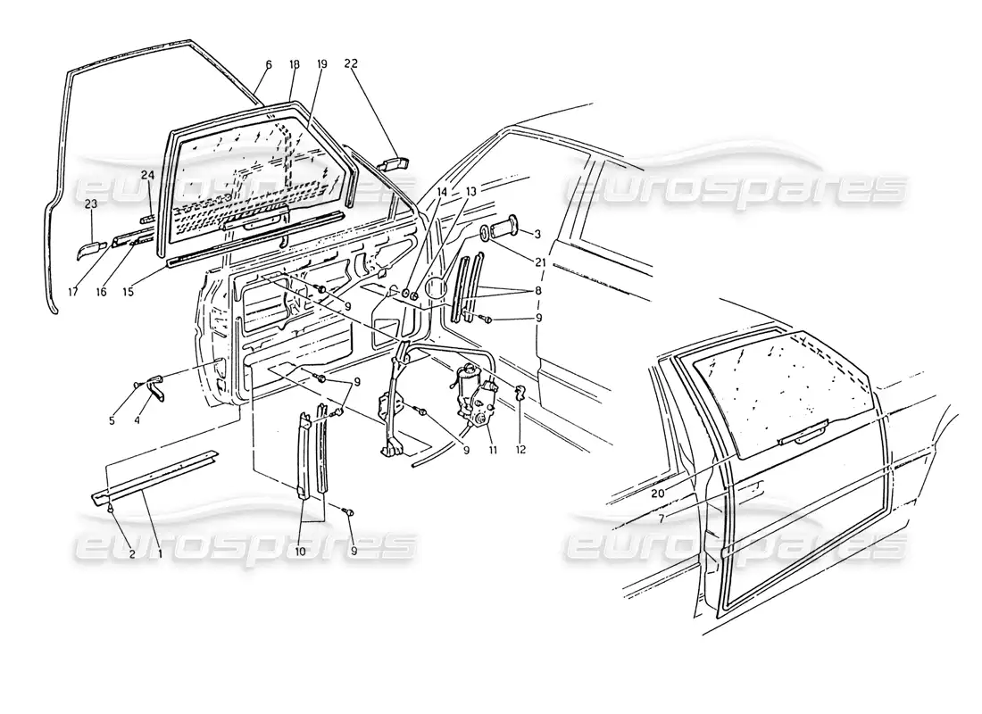 maserati 222 / 222e biturbo doors: windows and regulators parts diagram