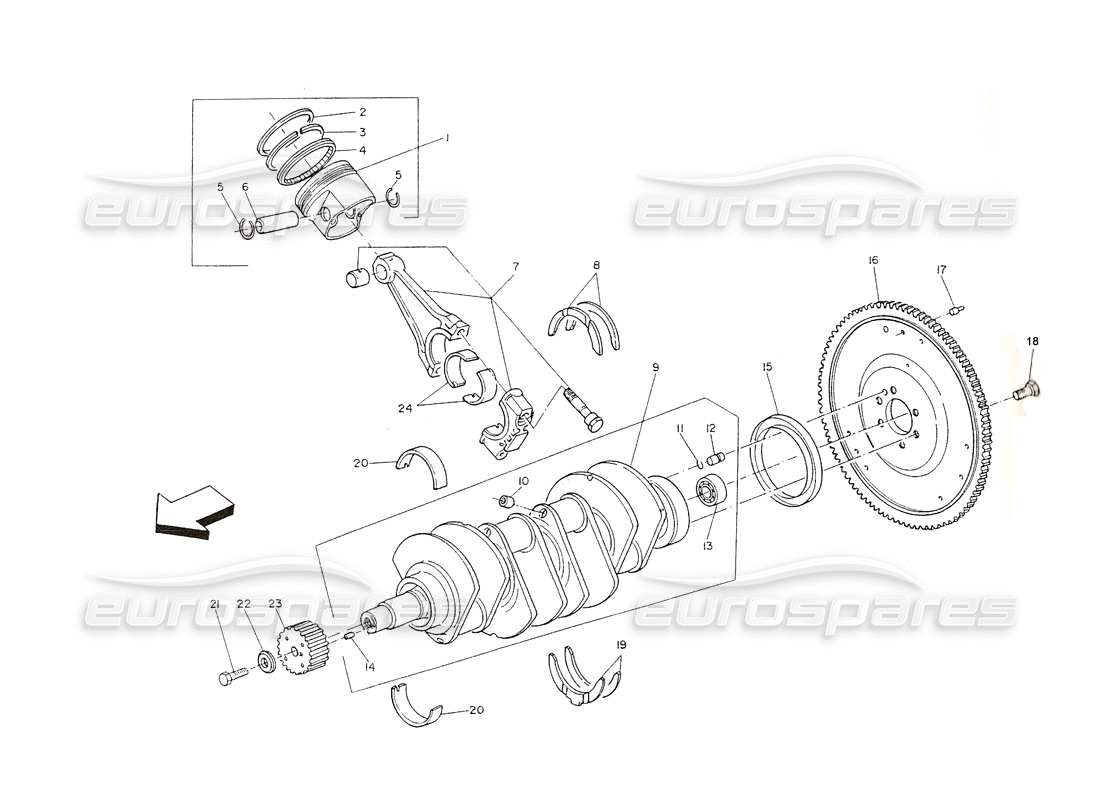 maserati shamal crankshaft, pistons, conrods, flywheel parts diagram