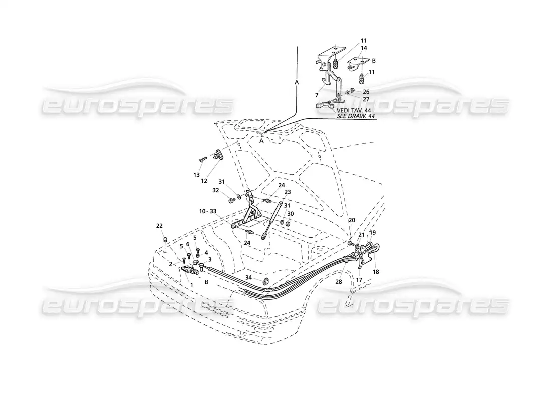 maserati qtp v8 evoluzione bonnet: hinges and bonnet release parts diagram