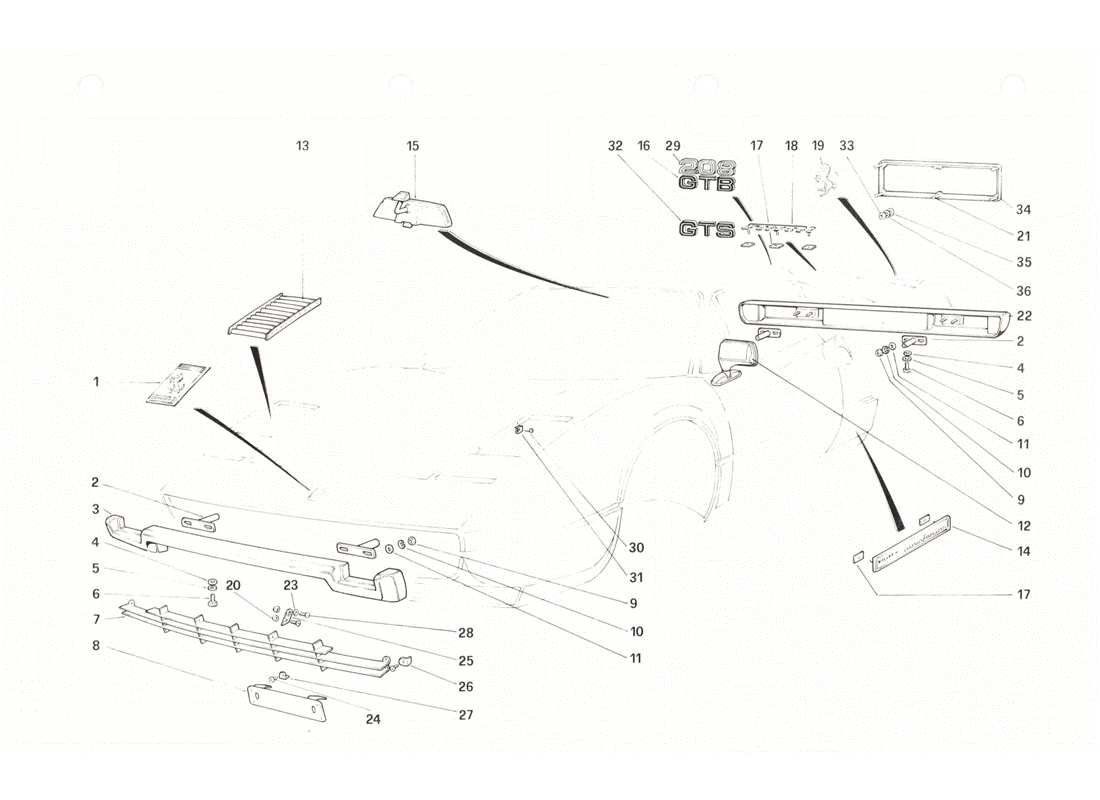 ferrari 208 gtb gts bumpers and mouldings part diagram