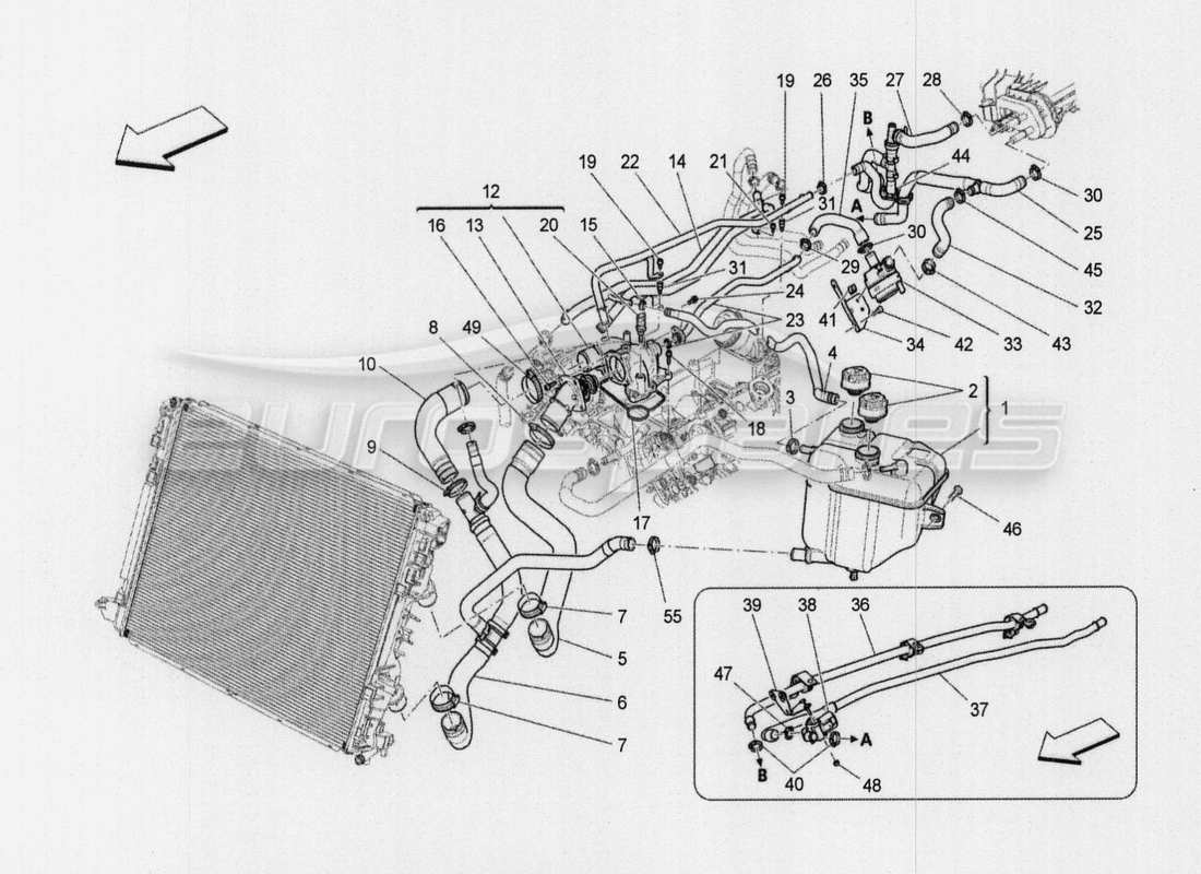 maserati qtp. v8 3.8 530bhp auto 2015 cooling system: nourice and lines parts diagram