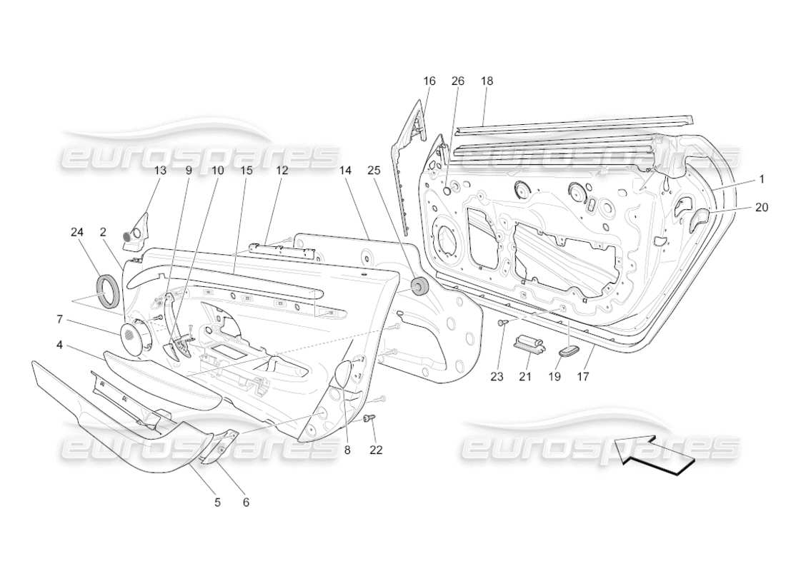 maserati grancabrio (2011) 4.7 front doors: trim panels part diagram