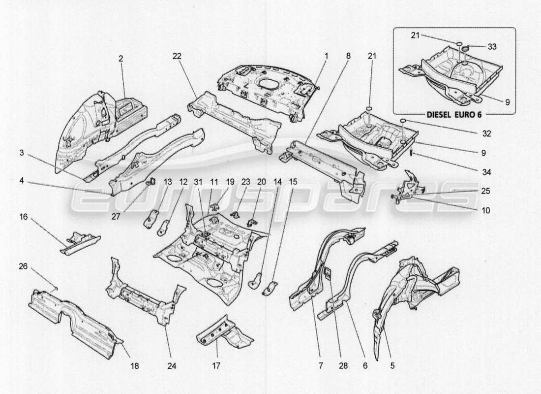 maserati qtp. v8 3.8 530bhp 2014 auto rear structural frames and sheet panels part diagram