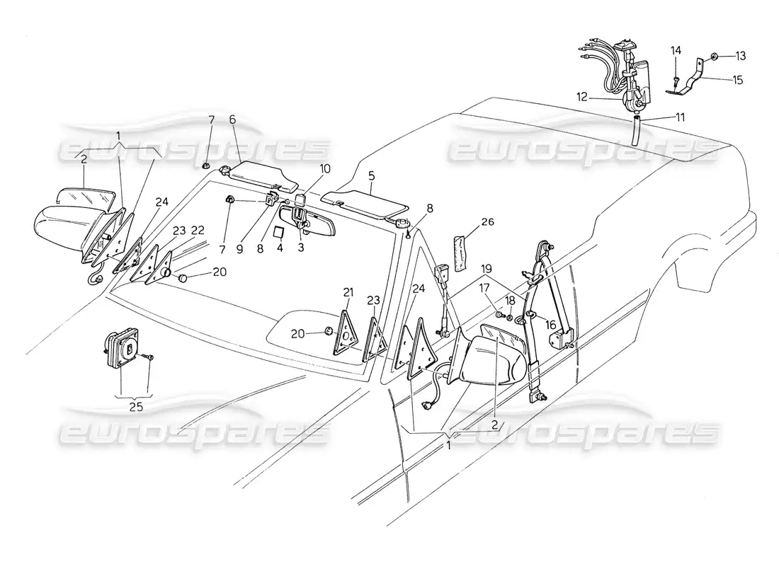 maserati biturbo spider seat belts-mirrors and sun visor parts diagram