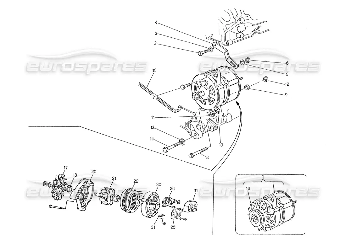 maserati karif 2.8 alternator and bracket parts diagram