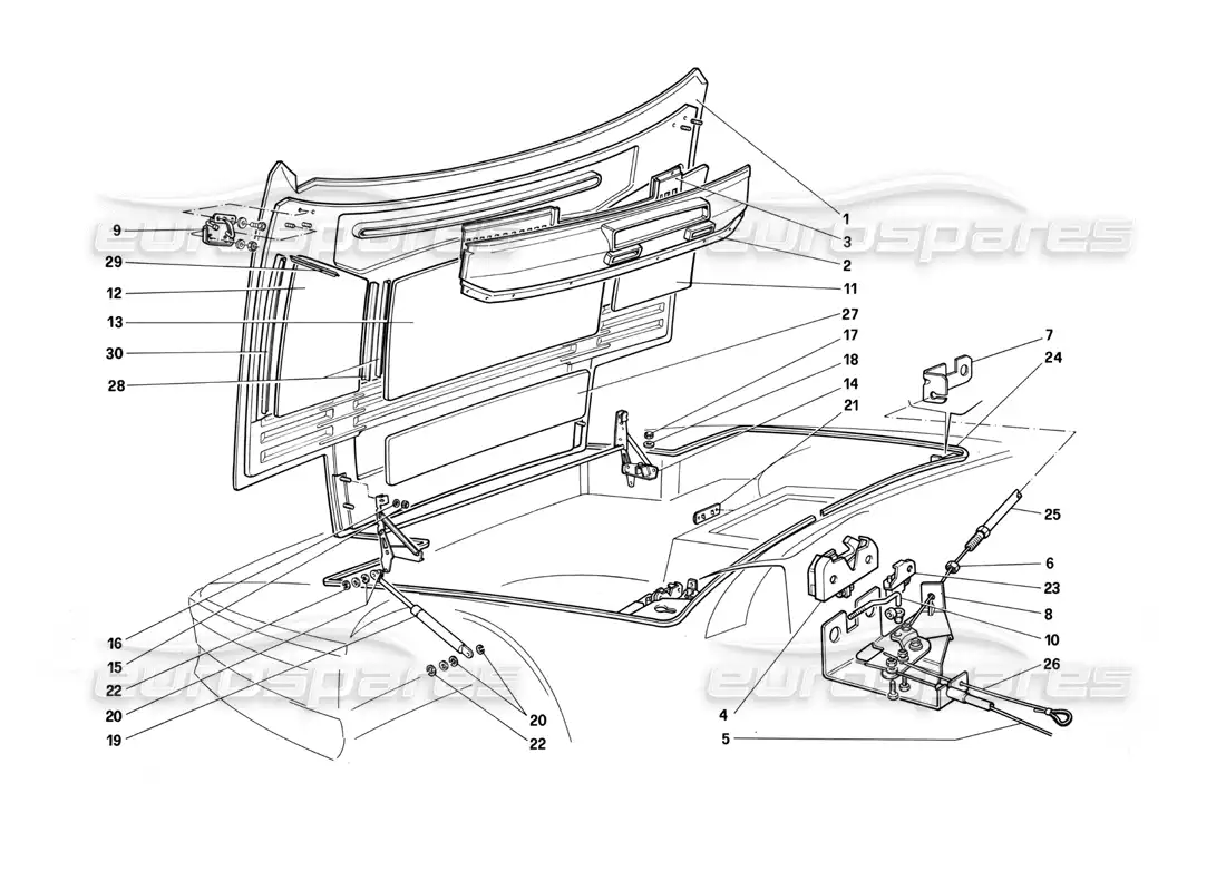 ferrari testarossa (1987) front hood parts diagram