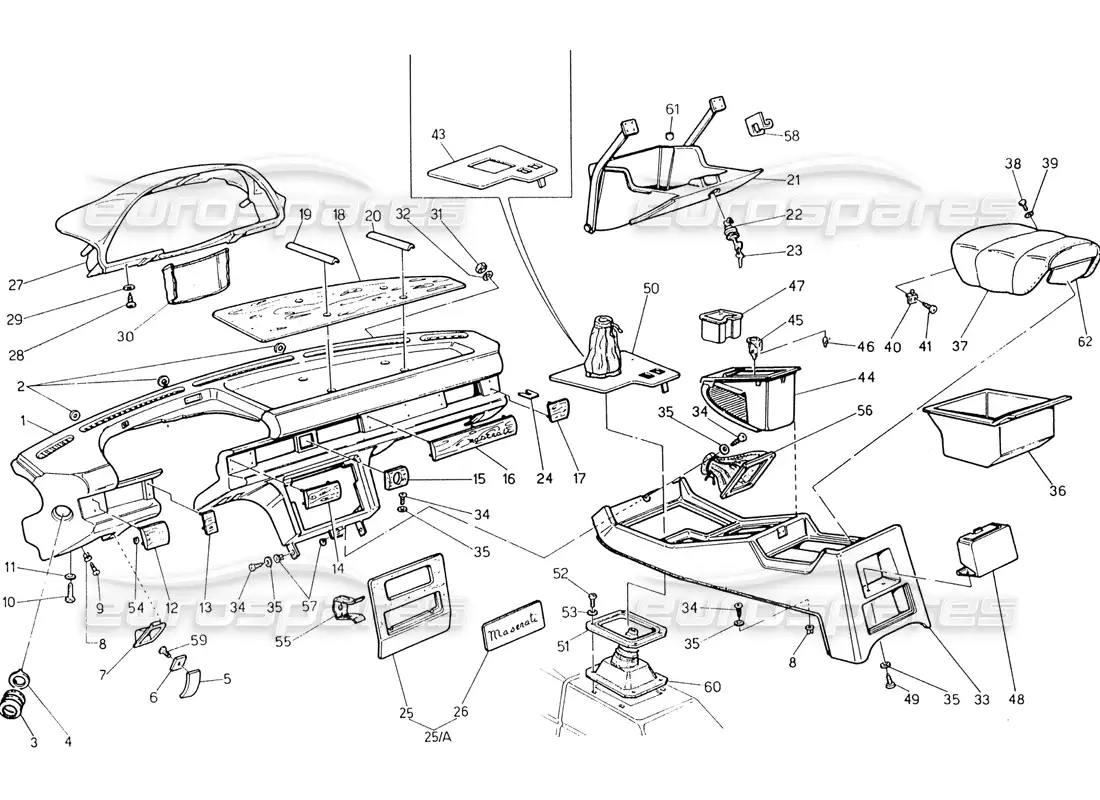 maserati 222 / 222e biturbo instrument panel and console (lh steering) part diagram
