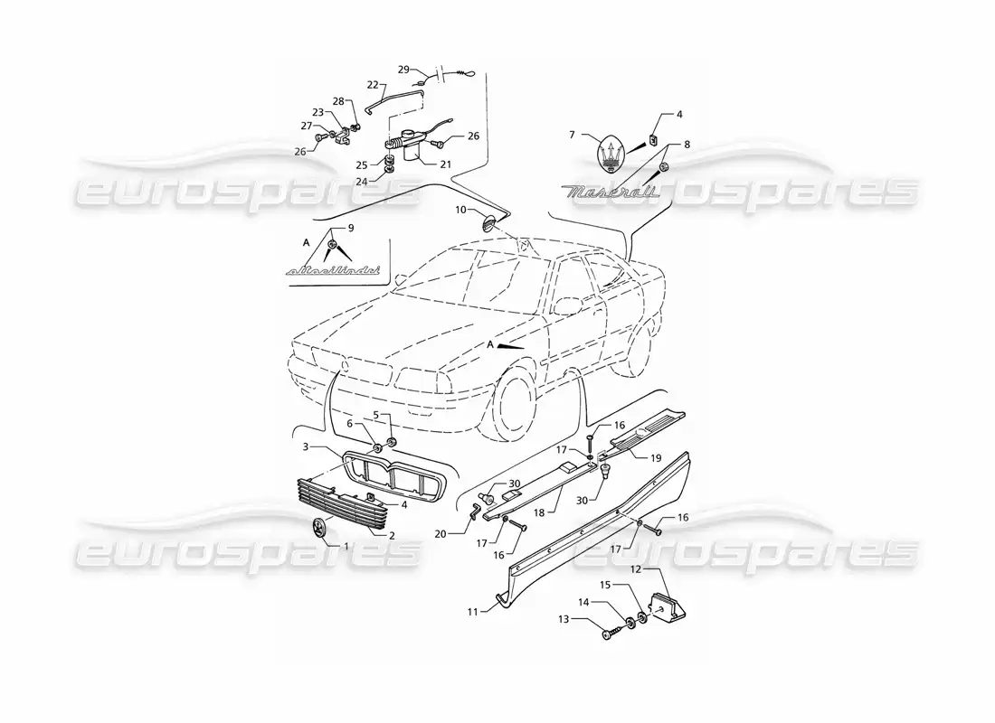 maserati qtp v8 (1998) external finishing - badges parts diagram